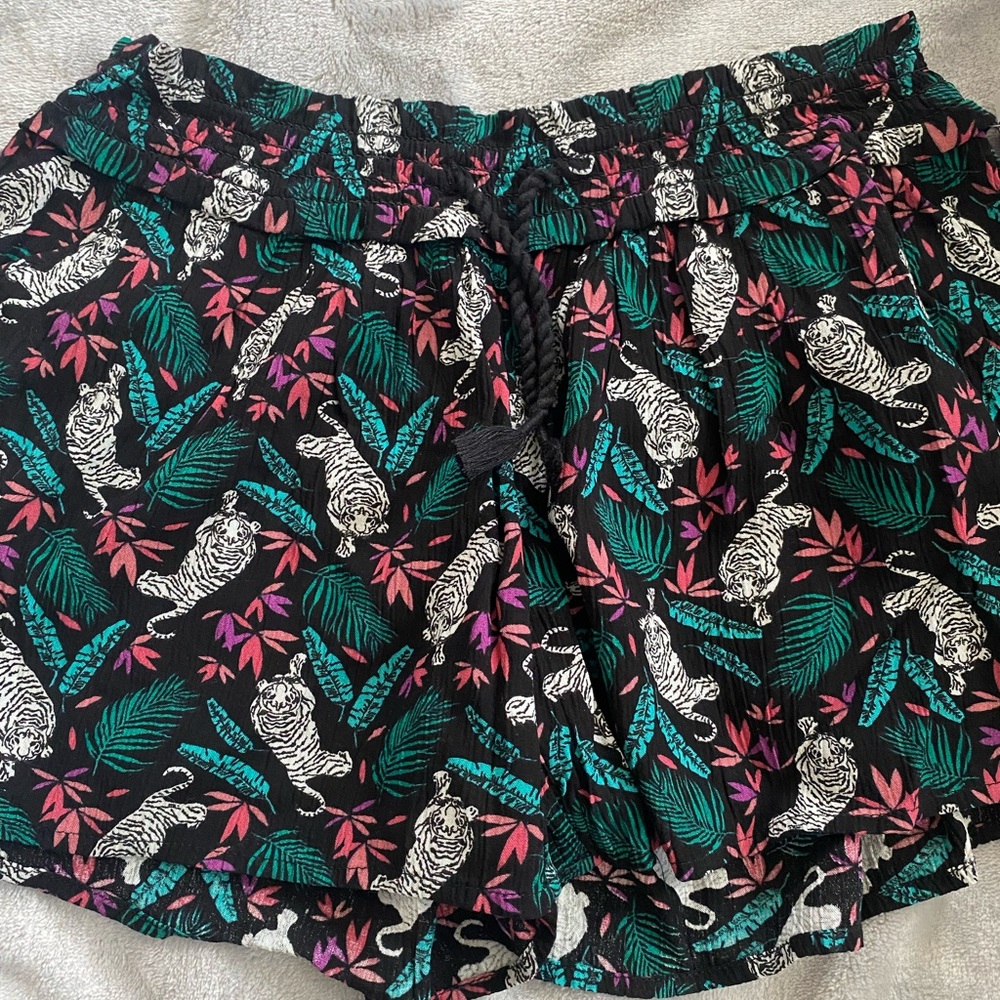 Old Navy Black High-Waist Shorts with Teal & Pink Tropical Tiger Print